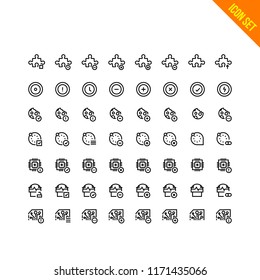 Technology Related Icon set. Contains such Icons as Plugin, Status, Cookie, Settings, Processor, Scheme. Vector Flat Icon Set in Line Style for Mobile application or Web site