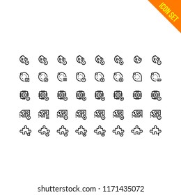 Technology Related Icon set. Contains such Icons as Cookie, Settings, Processor, Scheme, Plugin. Vector Flat Icon Set in Line Style for Mobile application or Web site