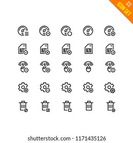 Technology Related Icon set. Contains such Icons as Speedometer, Sim Card, Wireless Charger, Settings, Trash. Vector Flat Icon Set in Line Style for Mobile application or Web site