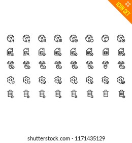 Technology Related Icon set. Contains such Icons as Speedometer, Sim Card, Wireless Charger, Settings, Trash. Vector Flat Icon Set in Line Style for Mobile application or Web site