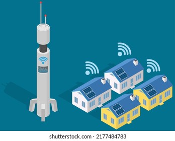 Technology for remote controlling smart home system using Wi-Fi or Internet connection. Renewable sustainable building with solar panels. Family house on urban smart city street. Eco friendly house