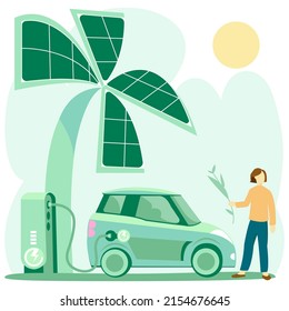 Technology with renewable energy sources. solar panels connected to an electric car. Sustainable development and eco-energy. Flat illustration.