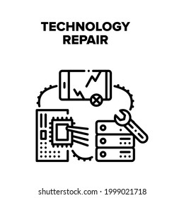 Concepto de icono del vector del servicio de reparación de tecnología. Pantalla De Gadget De Smartphone Dañada, Sustitución De Microchips De Servidor Y Placa Primaria Dañada, Servicio De Reparación De Tecnología Ilustración Negra