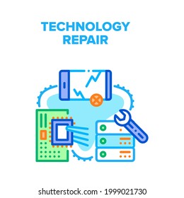 Technology Repair Service Vector Icon Concept. Damaged Crashed Smartphone Gadget Screen, Broken Server And Motherboard Microchip Replacement, Technology Repair Service Color Illustration