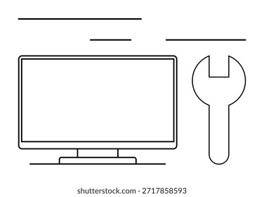 Reparación de Tecnologías, Asistencia de TI, solución de problemas, Actualizar de software, mantenimiento de computadoras, Mejorar del sistema. Monitor con una llave inglesa en un estilo de línea minimalista. Reparación de Tecnologías y concepto de Asistencia de TI