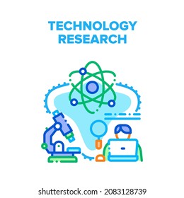 Technology Research Science Vector Icon Concept. Technology Research Science Microscope Laboratory Professional Equipment, Scientist Working And Research At Laptop Color Illustration