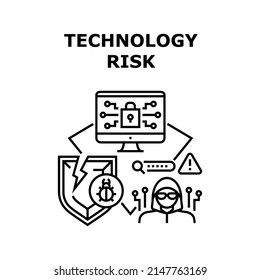 Technology Risk Vector Icon Concept. Technology Risk For Losing Personal Information And Security Database. Hacker Hacking Computer With Virus. Cyberscape Digital Problem Black Illustration