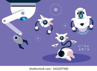 Technology robot cartoon over purple background