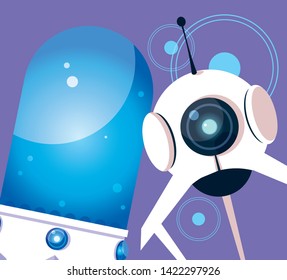 Technology robot cartoon over purple background