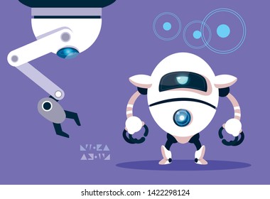 Technology robot cartoon over purple background