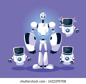 Technology robot cartoon over purple background