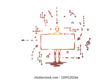 Technology, robot, scheme, android, data concept. Hand drawn robot with screen and adroid scheme concept sketch. Isolated vector illustration.