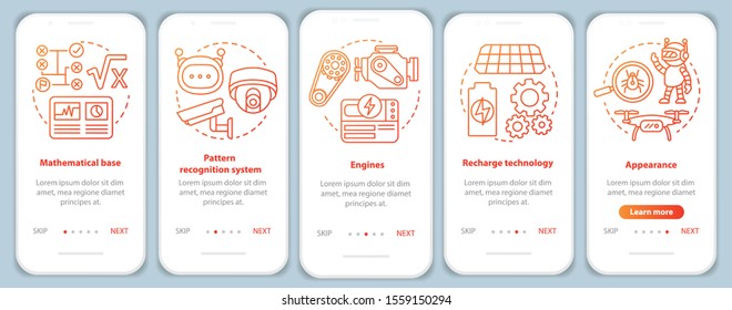 Technology in robotics onboarding mobile app page screen vector template. Engineering autonomous devices. Walkthrough website steps with linear illustrations. UX, UI, GUI smartphone interface concept