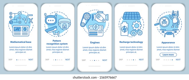 Technology in robotics onboarding mobile app page screen vector template. Engineering autonomous devices. Walkthrough website steps with linear illustrations. UX, UI, GUI smartphone interface concept