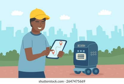 СConcepto de tecnología y entrega de robots. Un empleado crea una ruta en un gadget para el robot de entrega. Vector de fondo plano. 3 de 8