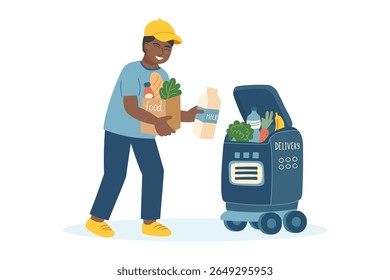 Сoncept of technology and robots delivery. The employee puts the food into the delivery robot. Vector flat background.