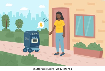 Сoncept of technology and robots delivery. The delivery robot arrives at the customer's house and signals its arrival. Vector flat background. 7of 8