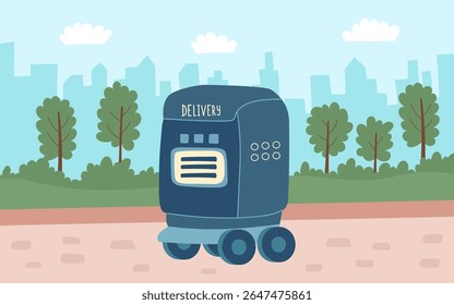 Сoncept of technology and robots delivery. Delivery robot drives through the streets of the city. Vector flat background. 4 of 8