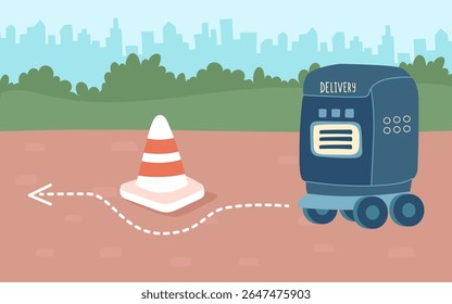 Сoncept of technology and robots delivery. Delivery robot drives through the streets of the city and avoids obstacles. Vector flat background. 6 of 8