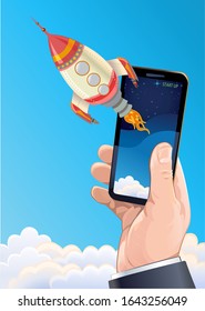 technology rocket mobile phone start up concept