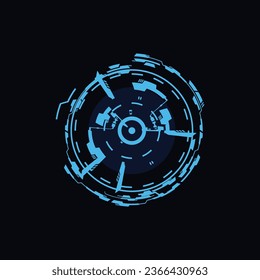 Technology round, abstract vector illustration for web design isolated on black background. Neon game element for ui interface, digital sci fi drawing. Futuristic ripped form in blue color.