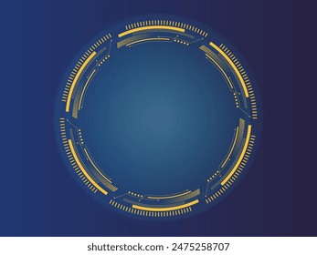 Technology round, abstract vector illustration on dark background. Game element for user interface, digital sci-fi drawing. Futuristic torn yellow uniform.