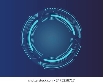 Technology round, abstract vector illustration on dark background. Game element for user interface, digital sci-fi drawing. Futuristic torn blue uniform.