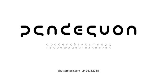 Tipo de letra de tecnología redondeada, alfabeto digital ciberturismo, estilo futurismo, letras A, B, C, D, E, F, G, H, I, J, K, L, M, N, O, P, Q, R, S, T, U, V, X, Y, Z y numerales 0, 1, 2, 3, 4, 5, 6, 7, 8, 9