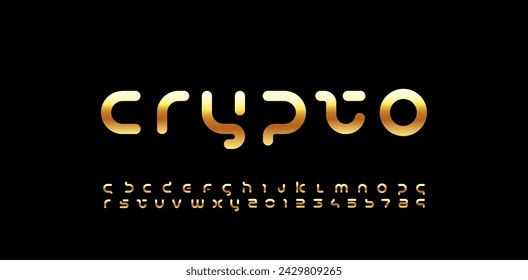 Technology rounded font, digital cyber alphabet made futurism style, gold letters A, B, C, D, E, F, G, H, I, J, K, L, M, N, O, P, Q, R, S, T, U, V, W, X, Y, Z and numerals 0, 1, 2, 3, 4, 5, 6, 7, 8, 9