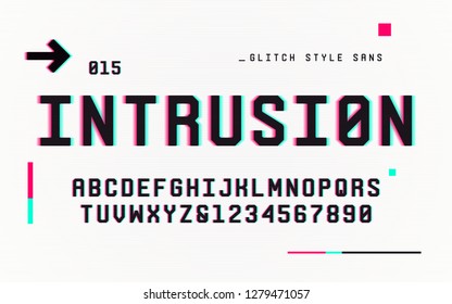 Technology san serif uppercase letters and numbers, alphabet, font, typography with digital noise, distortion, glitch effect. Vector illustration.