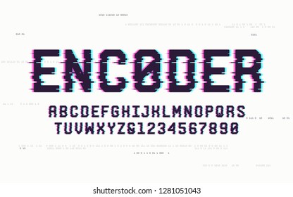 Technology san serif uppercase letters and numbers, alphabet, font, typography with digital noise, distortion, glitch effect. Vector illustration.