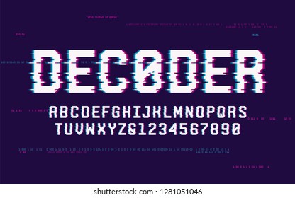 Technology san serif uppercase letters and numbers, alphabet, font, typography with digital noise, distortion, glitch effect. Vector illustration.