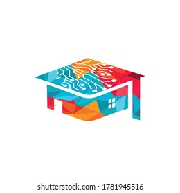 Concepto de diseño del logotipo de la escuela de tecnología. Tecnología inteligente artificial con tapa de graduación y diseño de logotipo de casa.