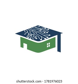 Concepto de diseño del logotipo de la escuela de tecnología. Tecnología inteligente artificial con tapa de graduación y diseño de logotipo de casa.