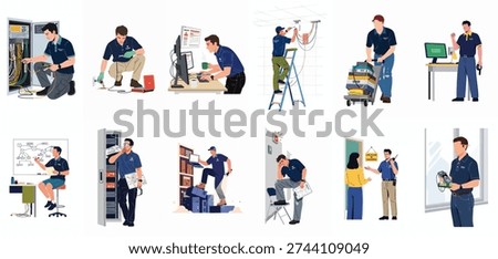 Technology School IT Professionals: Network Installation, Maintenance, Troubleshooting, and Support Services. A comprehensive illustration of technical roles and challenges.