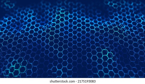 Technology or Science Abstract Blue Hexagonal Grid Background. Molecular Network of Hexagons Connected. Chemical Network. Carbon Nanomaterials Nanotechnology Concept. Vector Illustraion.