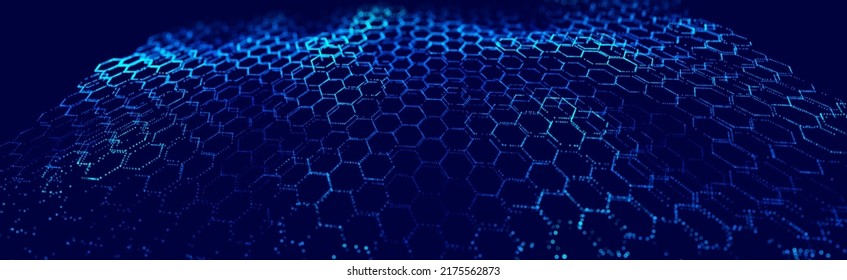 Technology or Science Abstract Blue Hexagonal Grid Background. Molecular Network of Hexagons Connected. Chemical Network. Carbon Nanomaterials Nanotechnology Concept. Vector Illustraion.