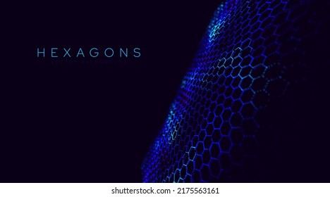 Technology or Science Abstract Blue Hexagonal Grid Background. Molecular Network of Hexagons Connected. Chemical Network. Carbon Nanomaterials Nanotechnology Concept. Vector Illustraion.
