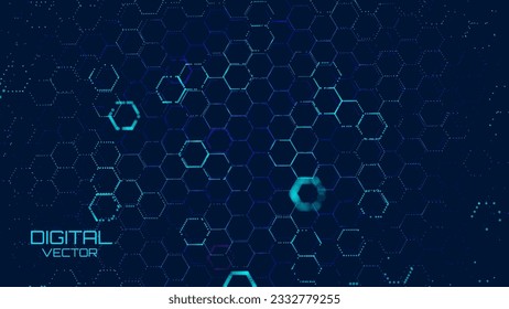 Technology or Science Abstract Blue Hexagonal Grid Background. Molecular Network of Hexagons Connected. Chemical Network. Carbon Nanomaterials Nanotechnology Concept. Vector Illustraion.