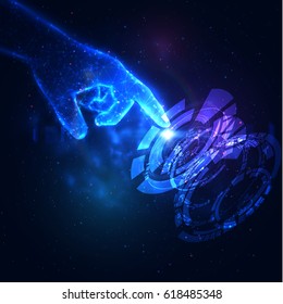 Technology science background hand touching HUD shape. Vector eps10.