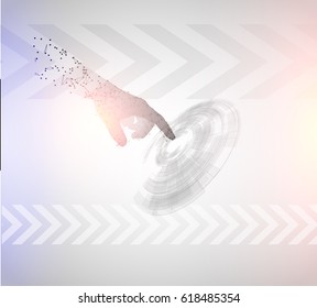 Technology science background hand touching HUD shape. Vector eps10.