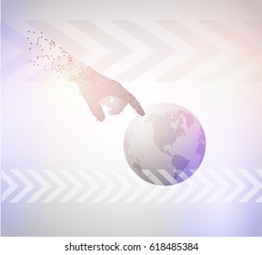 Technology science background hand touching Earth globe. Vector eps10.