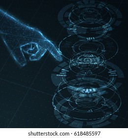 Technology science background hand touching HUD shape. Vector eps10.