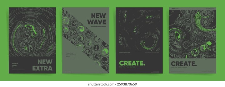Technology or Science Brutalist abstract poster set with neon green and black fluid textures. Modern typography and geometric design for creative branding, flyers, and digital visuals.