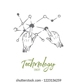 Technology, science, communication, digital, interface concept. Hand drawn human hands and screen connection concept sketch. Isolated vector illustration.