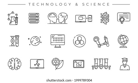 Conjunto de iconos vectoriales de estilo de línea de concepto de tecnología y ciencia.