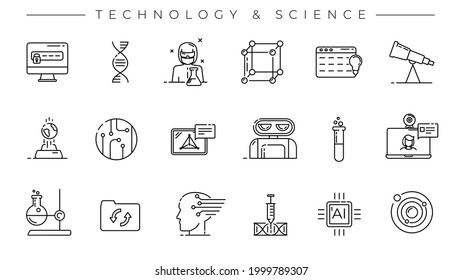 Conjunto de iconos vectoriales de estilo de línea de concepto de tecnología y ciencia.