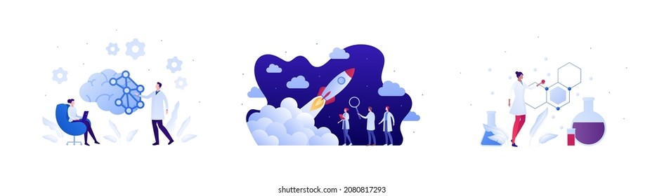 Technology and science concept. Vector flat illustration set. Male and female scientist team with brain on background. Rocket launch and chemistry, biology beaker and molecule symbol.