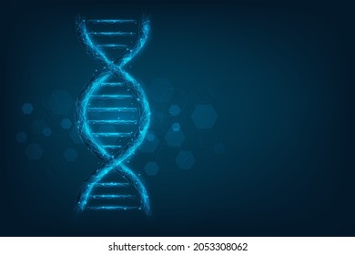 technology science dna code low poly wireframe. consisting of points, lines on dark blue background. science, biology and technology concept. vector illustration futuristic technology style.