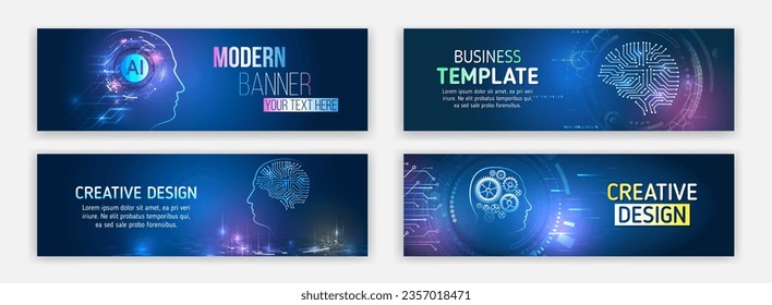 Technology, science, engineering, artificial intelligence. High-tech computers concept, machine cyber mind. Futuristic banner template set. Modern hi-tech design for websites and social networks.